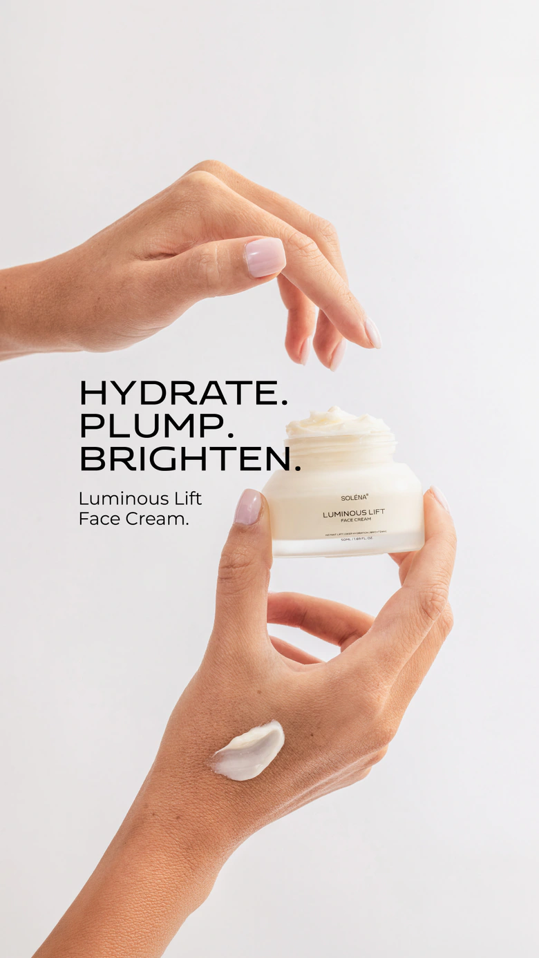 Hands holding an open SOLÉNA Luminous Lift Face Cream jar, with Hydrate, Plump, Brighten campaign wording.
